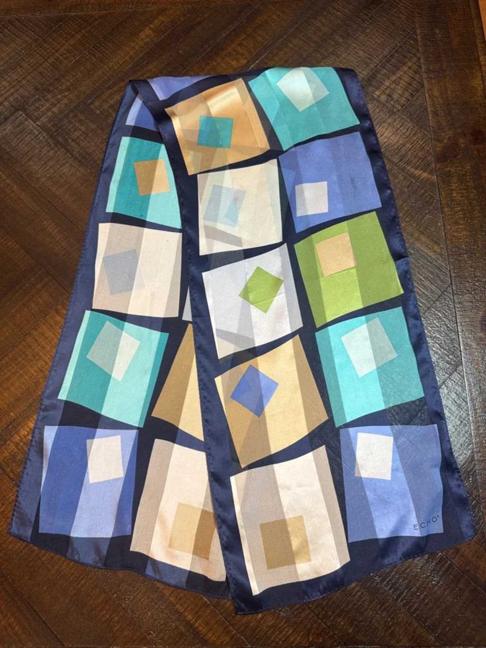 Echo Silk Scarf Y2K Geometric‎ Blue Green Sheer Lightweight